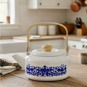 Vintage Collectible White Enamelware Wooden Handled Kettle Teapot Indonesia